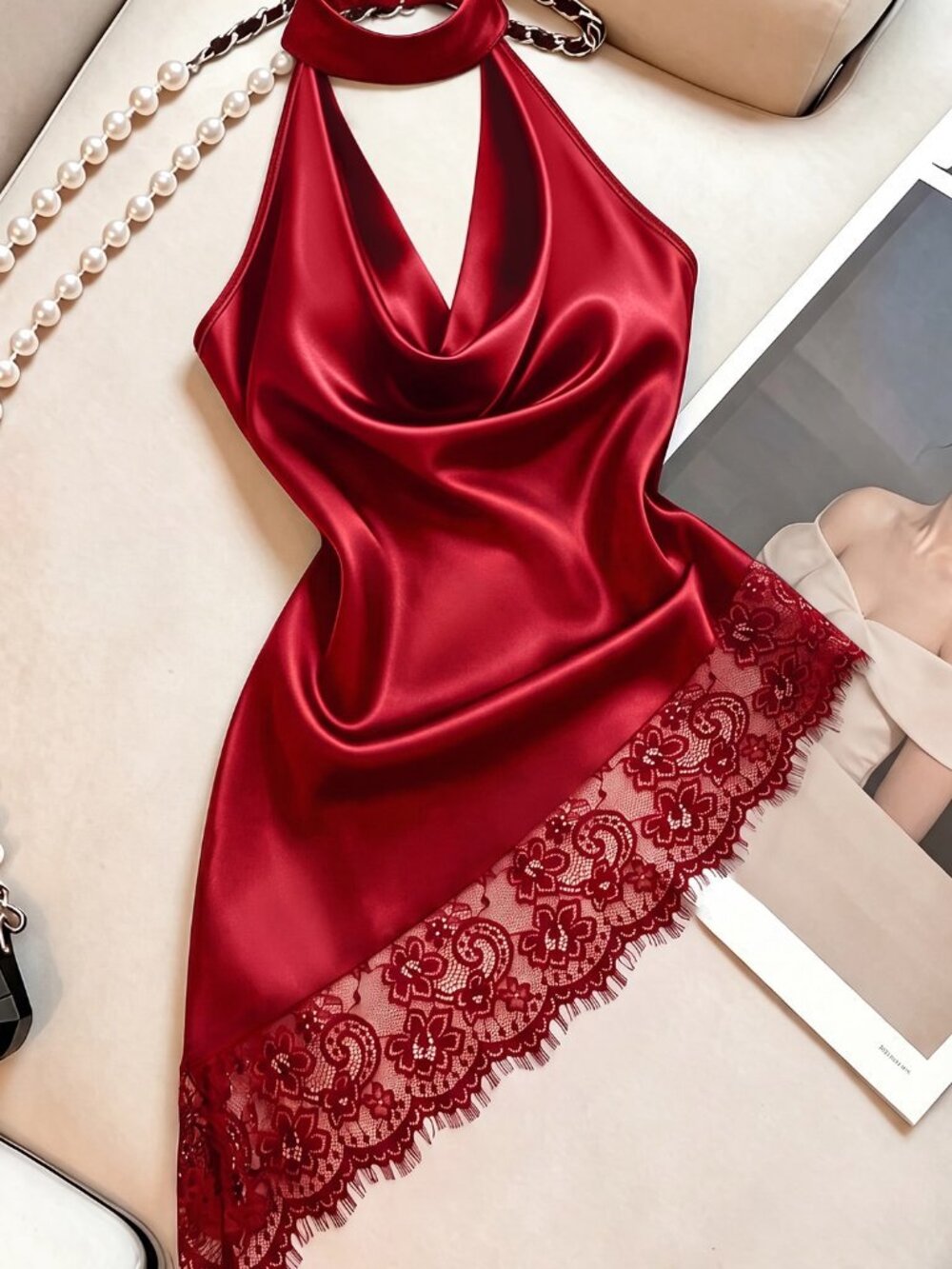 Red Elegant Women's Slim Fit Asymmetrical Halter Tank Top - Picture 3 of 3